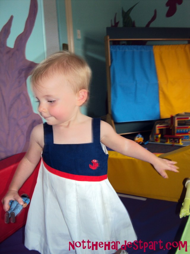 Wee Cee modeling my own sailor dress from when I was a toddler. SO EXCITED for her to wear this on the Fourth of July.